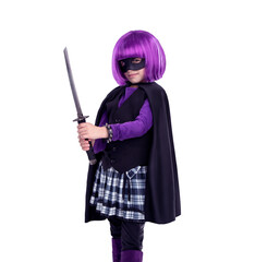 A girl kid in her favourite cartoon character costume and sword ready for a character contest or halloween isolated on a png background