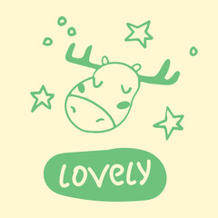 Doodle of cute cartoon deer Text Lovely. Hand drawn vector illustration of forest animal isolated on yellow background. Element for childish design. EPS