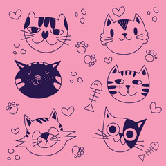 Hand drawn cat faces set with words. Cute doodle vector animal heads on pink. Trendy vector illustration drawing with a tablet. Hand drawn, freehand EPS