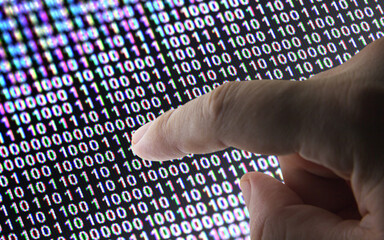 Binary icon in the screen with binary code ( array of bits ). 3D Illustration.