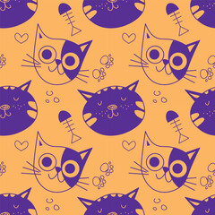 Cats seamless pattern vector design. cute cats head with funny expressions isolated in Orange background. Animal vector background template for kids. EPS