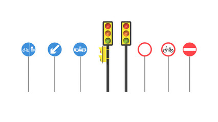 3D rendering PNG Set of road signs isolated on transparent, Road direction signs, city streets, urban traffic, driving concept, Direction traffic signs boards on metal stand, directing signboard