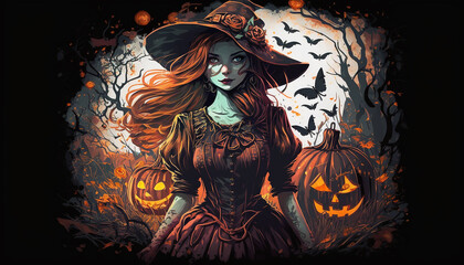 Illustration of scary women in a witch costume for Halloween background, Generative ai