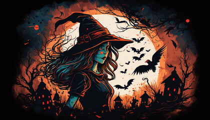 Illustration of scary women in a witch costume for Halloween background, Generative ai