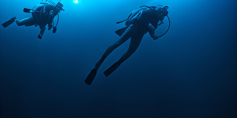scuba diver in the underwater, copy space for text, illustration, Generative, AI