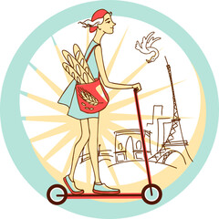 Illustration of a girl with a bag of delicious French baguettes on a scooter rides along a Parisian street with the Eiffel Tower in the background