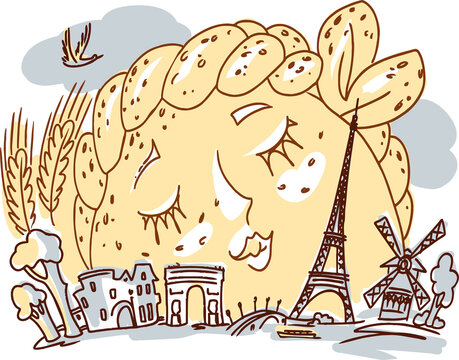 Illustration of a huge bread roll and spikelets of cereals as the sky over the Eiffel Tower and other symbols of France