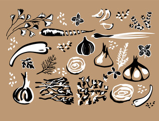 Rectangular pattern with drawn vegetables in three colors