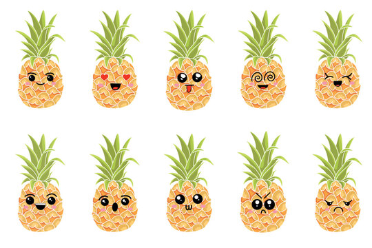 A set of pineapples with different emotions. Color illustrations on a white background.