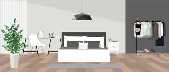 Illustration of the interior of a white and gray cozy bedroom.