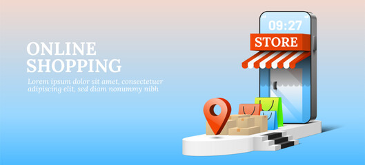 Smartphone store on podium with shopping bags parcel boxes and location map pin. Online shopping concept 3d vector.