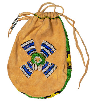 Bag of the North American Indians. Made from deerskin embroidered with colorful glass beads and leather cords