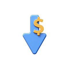 3d dollar icon. Money symbol with down arrow.