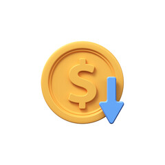 Golden dollar coin with down arrow. Economy, finance, money, investment symbol. 3d currency decline icon.