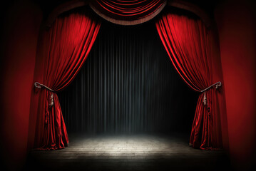 Empty theatre stage in spolight with red curtains. Generative AI - obrazy, fototapety, plakaty