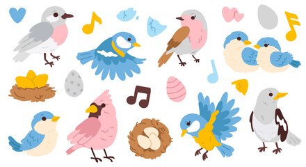 Vector illustration set of cute doodle birds for digital stamp,greeting card,sticker,icon,design