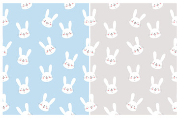 Seamless Vector Pattern with Bunnies.Cute Happy Rabbits Print. White Funny Bunnies isolated on a White and Light Beige Background. Easter Holidays Repeatable Print.