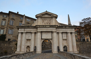 Fototapeta na wymiar Gates to the Upper city of Bergamo (Citta Alta) in Italy