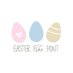 Easter egg hunt. cartoon eggs, hand drawing lettering, decor elements. festive colorful vector illustration. Design for greeting cards, decoration posters, covers.