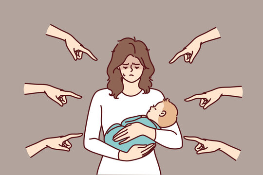 Young Mother With Baby In Arms Is Ashamed Because Of Condemnation Of Surrounding People Pointing Fingers. Woman Who Becomes Mother Feels Postpartum Depression And Needs Psychological Support