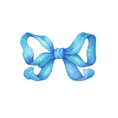 Vintage design blue bow for design, greeting cards, arts decoration. Watercolor hand drawn painting illustration isolated on white background.