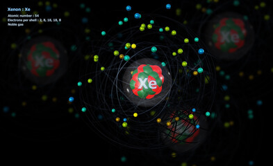 Atom of Xenon with detailed Core and its 54 Electrons with Atoms