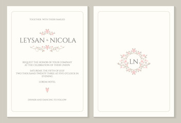 Elegant wedding invitation. Classic graphic elements. Frame with floral monogram. Ornamental border and monogram.