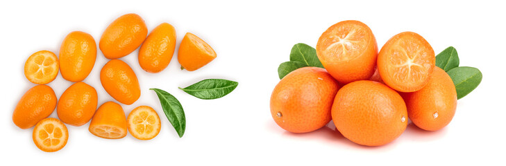 Cumquat or kumquat with half isolated on white background. Top view. Flat lay