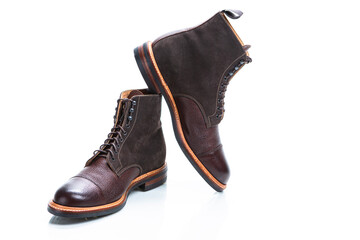 Footwear Ideas. Premium Dark Brown Grain Brogue Derby Boots Made of Calf Leather with Rubber Sole...