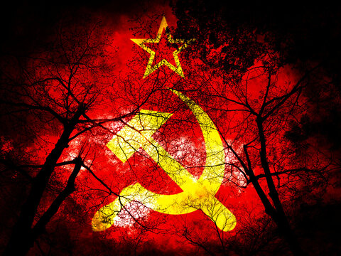 Double exposure on creepy soviet flag. Basemap or background use. Double exposure creative hologram.