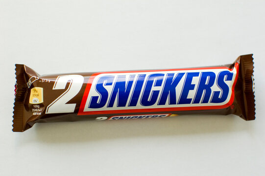 Tulce, Poland - February 2023: Snickers candy chocolate bar packaging.