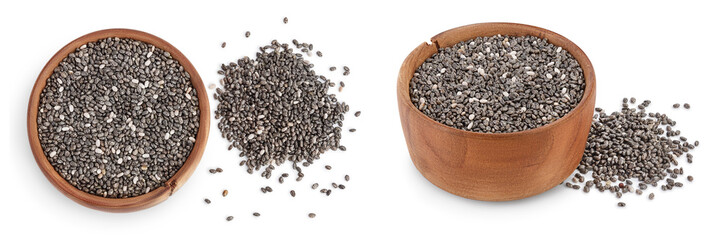 Chia seeds in wooden bowl isolated on white background with full depth of field. Top view. Flat lay.