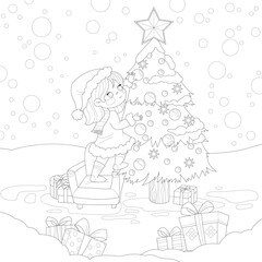 Cartoon girl decorating Christmas tree with presents and snow sketch template. Winter vector illustration in black and white for games, background, pattern, decor. Coloring paper, page, story book