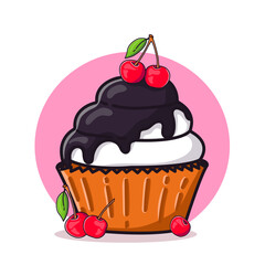 cartoon cupcakes with cherries. Vector multi-colored single cherry cupcake cake icon.