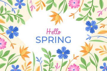 Fondo primaveral de coloridas flores y plantas con saludo