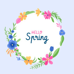 Marco primaveral de coloridas flores y plantas con saludo - obrazy, fototapety, plakaty
