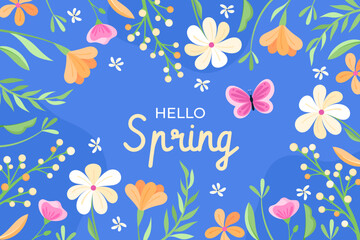 Fondo primaveral de coloridas flores y plantas con saludo - obrazy, fototapety, plakaty