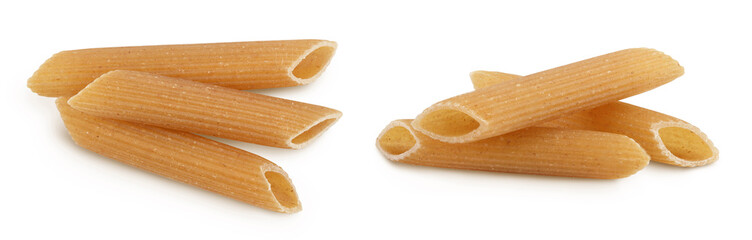 Wolegrain penne pasta from durum wheat isolated on white background with full depth of field. Top view. Flat lay,