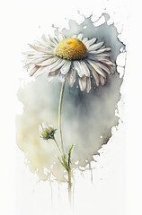 Chamomile on white paper, mystical, watercolor style, hand drawn, abstract. Generative AI.