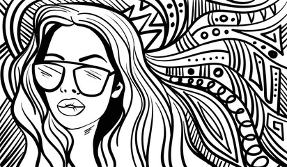 Black and white psychedelic line art with the abstract woman. Doodles and lines abstract hand-drawn vector art.