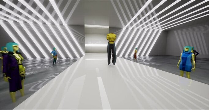 3D Fashion Show. The Virtual Invisible Female Model Walks Down the Runway. A Trendy Fashionable Yellow and Black Suit. Meeting in Virtual Space, Meta Podium Show, Artificial World. Concept of