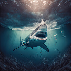 Fototapeta premium Shark with open mouth just below the sea level made with Generative AI.