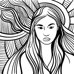 Black and white psychedelic line art with the abstract woman. Doodles and lines abstract hand-drawn vector art.