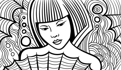 Black and white psychedelic line art with the abstract woman. Doodles and lines abstract hand-drawn vector art.