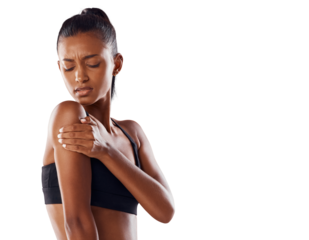 A worried athlete girl exercising in gym has painful arm muscle, concerned about self care wellness isolated on a png background.