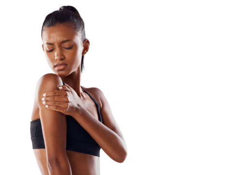 A worried athlete girl exercising in gym has painful arm muscle, concerned about self care wellness isolated on a png background. - Powered by Adobe