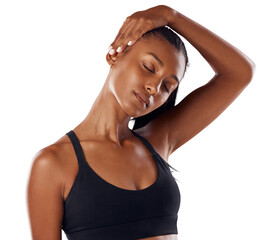 A fit or a sports woman stretching her sore neck to get relief from neckpain or injury after workout, exercise or training isolated on a png background.