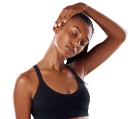 A fit or a sports woman stretching her sore neck to get relief from neckpain or injury after workout, exercise or training isolated on a png background.