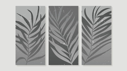 Abstract wall art background vector set. Botanical leaf branch lines with black and white monochrome, grunge, old film texture. Vintage design for home decoration, cover, poster, banner, wallpaper.