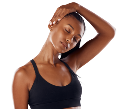 A fit or a sports woman stretching her sore neck to get relief from neckpain or injury after workout, exercise or training isolated on a png background.